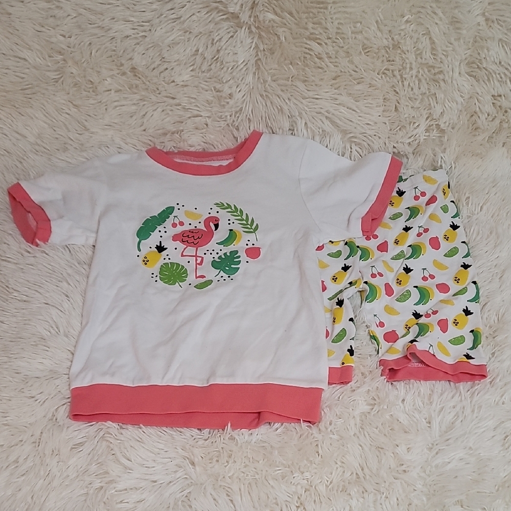 Indigo Flamingo and Fruit Print Kids Pajama Set - White and Pink, Size 10